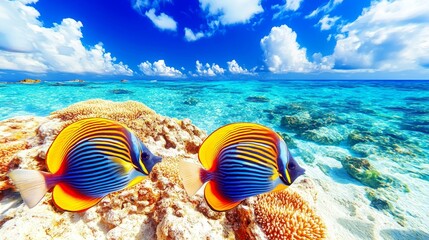 Obraz premium Tropical Fish Paradise Two Colorful Fish on Coral Reef, Vivid Ocean Scene, Bright Sky Keywords Underwater, Coral