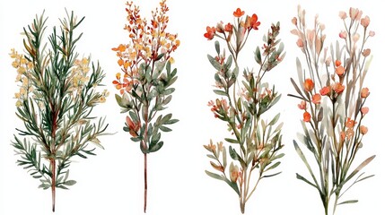 Watercolor Botanical Illustration Four Floral Arrangements, Green and Orange Hues, Loose Style, Nature, Painting Botanical Illustration, Watercolor Painting