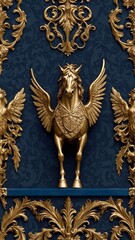 Obraz premium A royal vintage coat of arms featuring a majestic blue and golden horse with intricately detailed wings. This emblem symbolizes strength, nobility, and heritage, embodying timeless elegance and power.