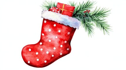 Watercolor Christmas Stocking Red, White Polka Dots, Gift, Fir Branch, Holiday Decor, Festive Illustration, Christmas Sock Christmas