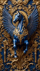 A royal vintage coat of arms featuring a majestic blue and golden horse with intricately detailed wings. This emblem symbolizes strength, nobility, and heritage, embodying timeless elegance and power.