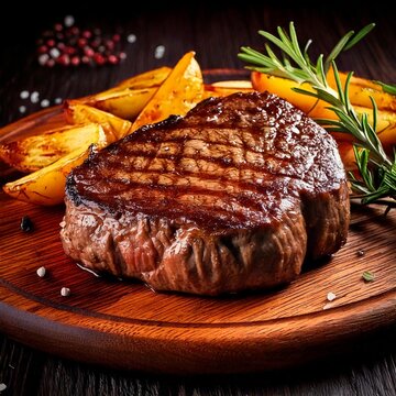 Delicious grilled beef steak with potatoes and rosemary