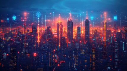 Fototapeta premium Futuristic city skyline, data streams, night, innovation, technology