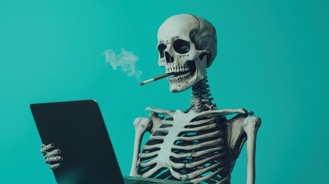 Death from cigarettes. Unhealthy lifestyle. The skeleton holds a laptop in his hands and smokes a cigarette on a turquoise background. The concept of humor and lighthearted atmosphere