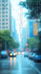 Raindrops cascading down a city window with vibrant lights shimmering in the background