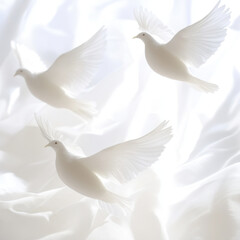 Fototapeta premium White doves in flight against soft, white background create serene and peaceful atmosphere. delicate feathers and graceful movements evoke feelings of tranquility and hope