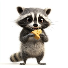 Obraz premium Curious raccoon holding a piece of food, centered on a clean white background