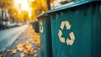 Recycling bin with green lid and standard symbol urban street close-up image autumn leaves environmental awareness