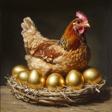 A serene image of a hen sitting proudly on a nest of golden eggs, surrounded by straw. This captivating scene captures the essence of farm life and nature's beauty.