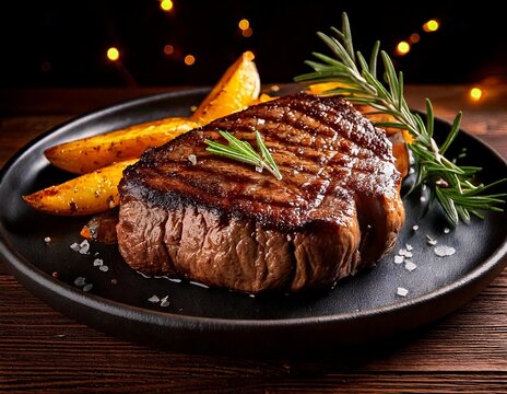Delicious grilled beef steak with potatoes and rosemary