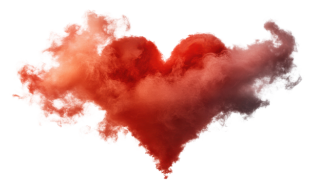 Red heart shaped smoke cloud floating on transparent background