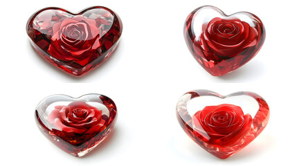 ? Heart-shaped glass paperweight with embedded red rose design isolated on white background in HD