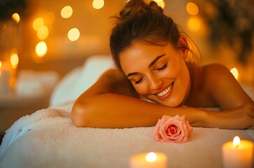 Woman on bed with candles and rose