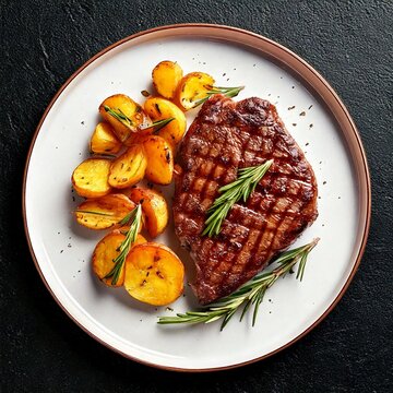 Delicious grilled beef steak with potatoes and rosemary