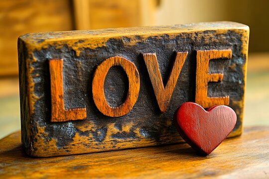 Fototapeta Wooden blocks featuring hearts and love inscriptions