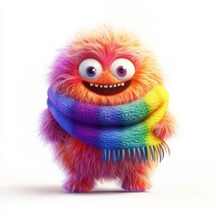 Fototapeta premium Cute fluffy monster with a rainbow scarf and cheerful face, placed on a bright white background