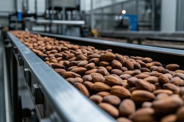 Close Up of Almonds on a Conveyor Belt in a Modern Processing Plant for Quality Control and Packaging