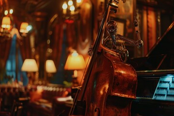 Android playing a musical instrument in an old jazz club, Retro robot playing a musical instrument, electric guiter playing by a robot