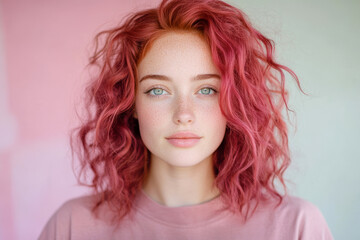 Fototapeta premium Young Caucasian female with vibrant red hair, serene expression against a soft pink backdrop