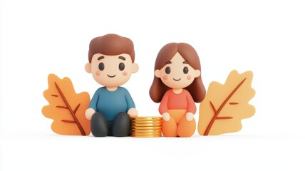 A charming illustration of a couple sitting beside coins and leaves, symbolizing savings and partnership.