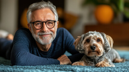 Mature man exercising with dog nearby home interior lifestyle photography cozy environment relaxed viewpoint