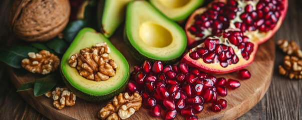 Fresh pomegranates, avocado slices, and walnuts arranged beautifully on wooden board create vibrant and healthy display. This colorful composition is perfect for food lovers