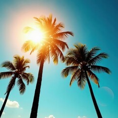 Fototapeta premium Tall coconut palms silhouette against a blazing sun and azure sky , beach, sun