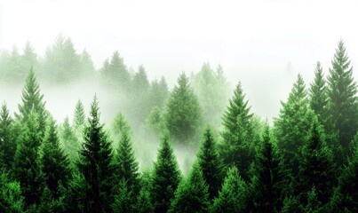 Fototapeta premium Serene Misty Forest Landscape with Tall Green Evergreen Trees Shrouded in Fog at Dawn in Subtle Tones of Green and Gray for Nature lovers and Travelers