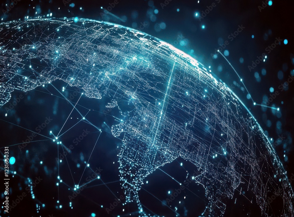 Poster futuristic digital globe visualization with network connections and bright data points illuminating 