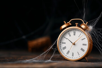 Old clock in cobwebs on dark background with space for text
