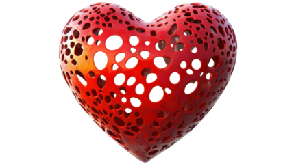 Red heart with holes representing love and romance on transparent background