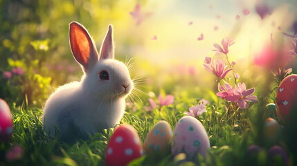 Happy Orthodox Easter hare, cute rabbit,colorful eggs, bunny,festive spring decorations, traditional holiday symbols, blooming flowers, joyful celebration mood, warm, cheerful atmosphere of Easter joy