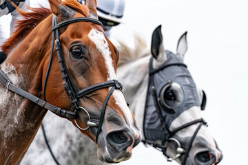 Obraz premium Close-up of two racehorses in full tack with jockeys, featuring focused expressions and dynamic posture, isolated on a white background. 