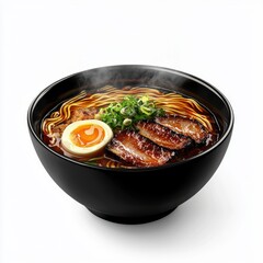 Fototapeta premium Black garlic ramen with a deep umami flavor and roasted pork belly, centered on a clean white background