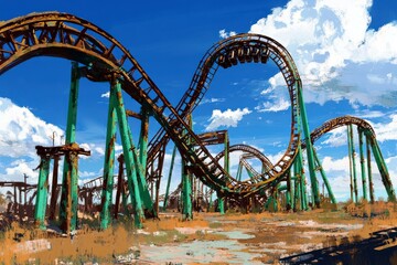 Abandoned Roller Coaster at an Amusement Park Surrounded by Overgrown Grass and Bright Blue Sky with Fluffy White Clouds