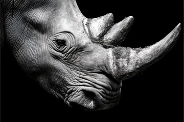 Majestic Portrait of a Rhinoceros with Detailed Textures and Captivating Features against a Black Background