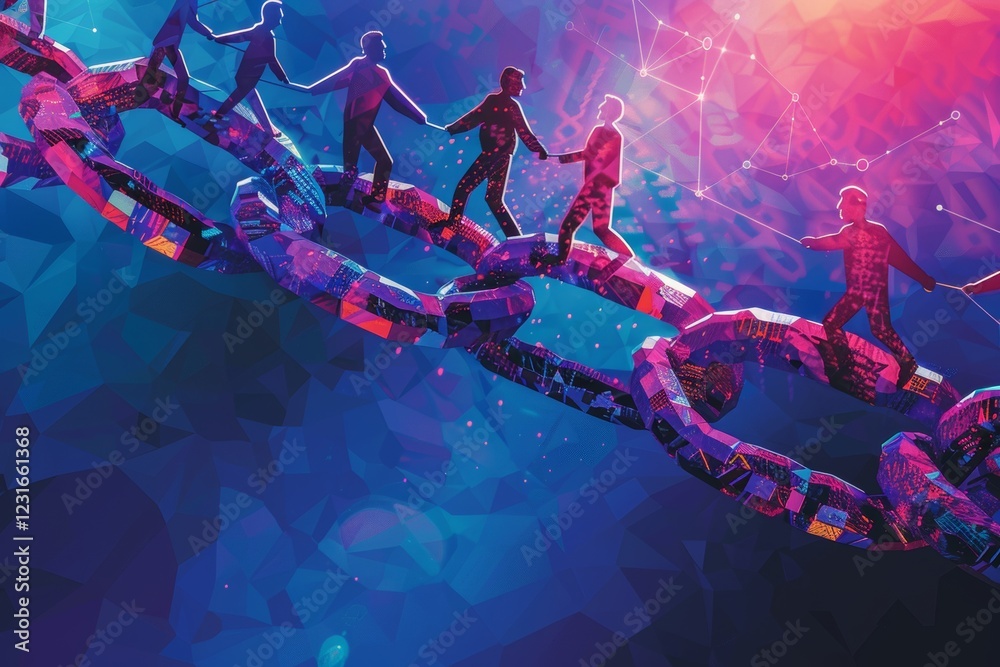 Poster artwork depicting the peer-to-peer model of blockchain, multiple blocks forming a chain, complex int