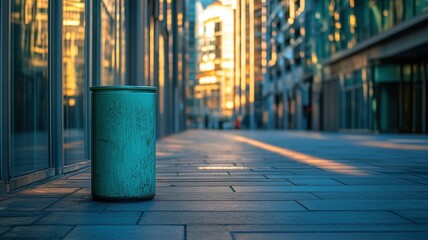 Naklejka premium Single green recycling bin in deserted urban street evening light photography modern architecture environment