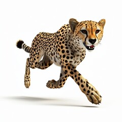 Fast cheetah running at full speed, centered on a clean white background