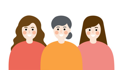 Happy family. Smiling grandmother, mother and daughter. Group of women. Positive relationship, communication, support concepts. Flat vector people character design isolated illustration.