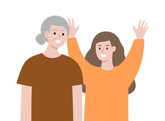 Obraz premium Happy grandmother and grandchild standing together portrait. Family love, communication, positive relationship concept. Flat cartoon people vector design illustration.