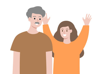 Happy grandfather and grandchild standing together portrait. Family love, communication, positive relationship concept. Flat cartoon people vector design illustration.