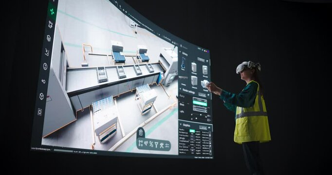 Robotics Specialist Manipulates a Conveyor Line with Robotic Arms with the Help of Virtual Reality Interface. Specialist Wearing a VR Headset to Program the Assembly and Optimize Production