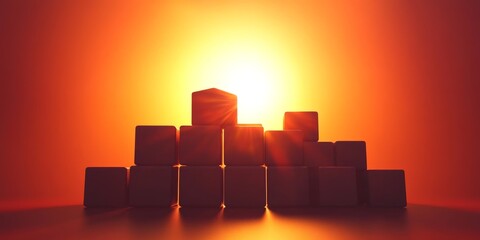 A stack of blocks with a sun shining on them. The sun is the only light source in the image
