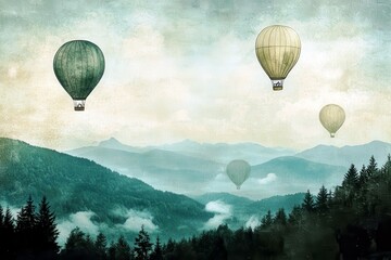 Fototapeta premium Hot air balloons drifting above misty mountains and lush forests at sunrise, creating a serene and picturesque landscape scene for travel inspiration.