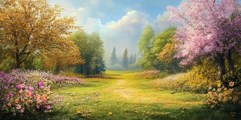 Spring Meadow Path: Vibrant Blossoms and Serene Nature Scene