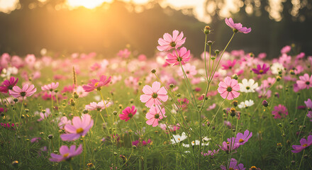Obraz premium Sunset Serene A Cosmos Flower Field at Golden Hour