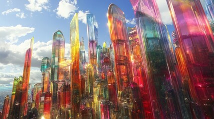 A stunning futuristic cityscape featuring colorful glass skyscrapers reaching into a bright blue sky with fluffy clouds.