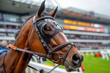 Close-up of a brown racehorse wearing blinkers and bridle, standing alert at a racetrack with stadium and track details in the blurred background.
