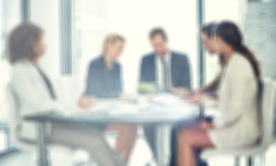 Office, teamwork and business people with blur for research, economy solution and investment review. Boardroom, employees and financial advisor with tablet for accounting firm, planning or meeting